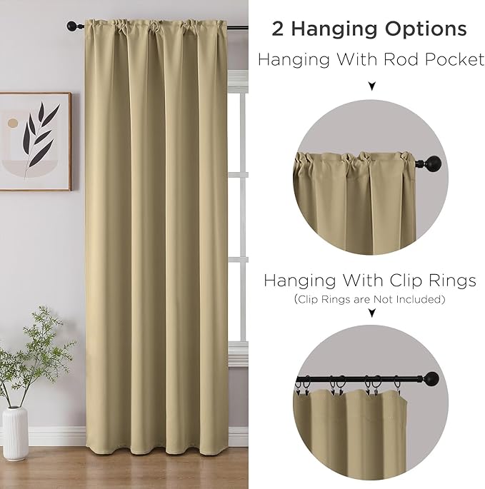 CUCRAF Beige Blackout Curtains 96 inch Length 2 Panels Set, Rod Pocket Room Darkening Drapes for Bedroom Living Room, Insulated Thermal Light Blocking Window Curtain (W52 x L96 Inch)