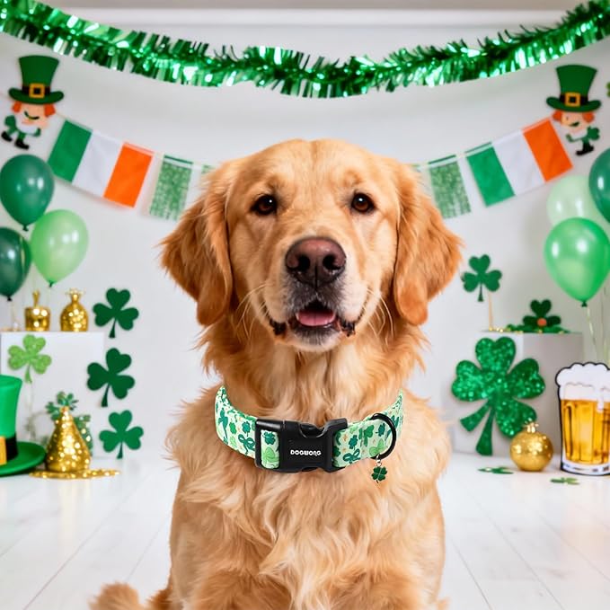 DOGWONG St Patrick's Day Dog Collar-Cute Green Clovers Dog Collar, Adjustable Cotton Shamrock Pet Collar Trefoil Puppy Collars with Quick Release Buckle,L