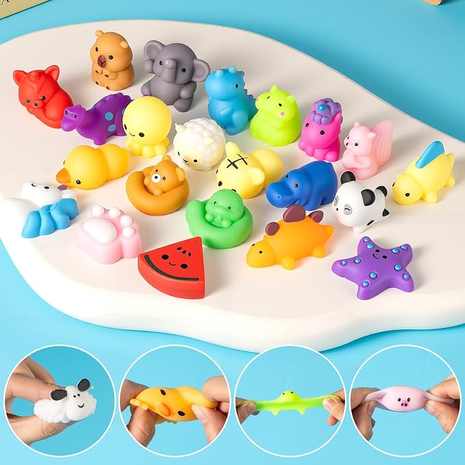50 Pack Squishy Toys, Mochi Squishy Animals for Kids, Kawaii Slow Rising Squishies, Cute Sensory Fidget Toys for Kids, Party Favors, Treasure Box Prizes, Classroom Prizes in Storage Bucket