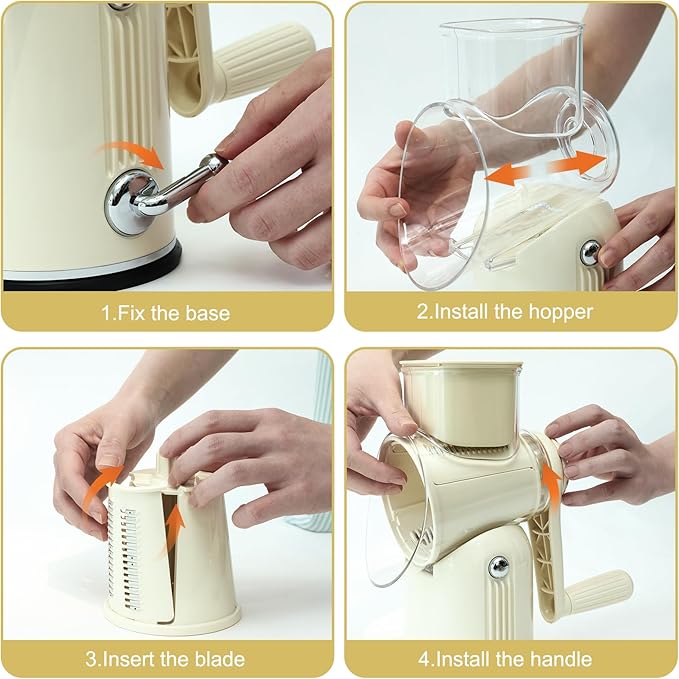 5 in 1 Cheese Grater with Rotary Hand Crank - Vegetable Chopper with Replaceable Stainless Blades, Strong Suction Base, Handle, Blade Storage Box, Easy-Clean Multipurpose Kitchen Slicer (White)