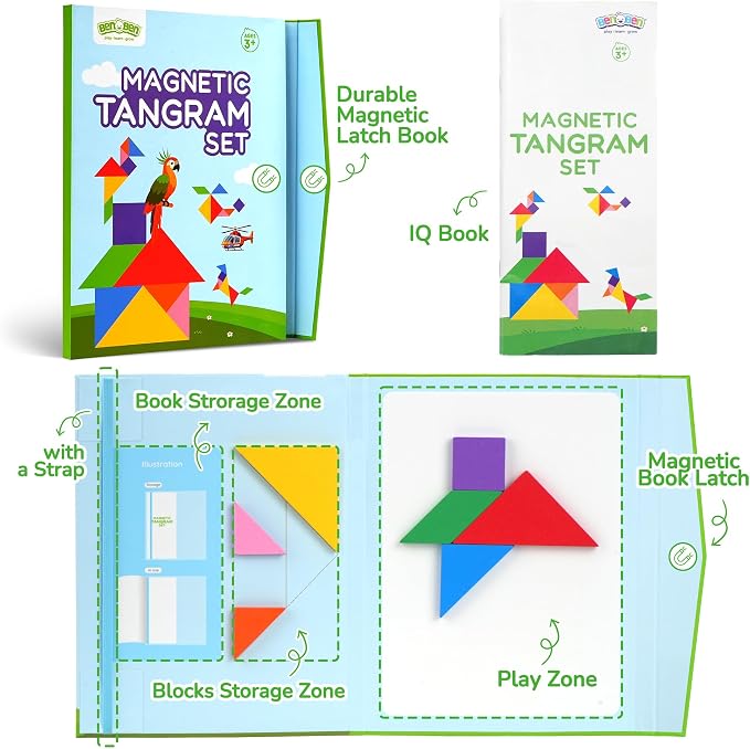 BenBen Magnetic Tangram Puzzle, Wooden Travel Toys Ages 4-8 8-12 | Wooden Dual-Sided Magnetic Board, Travel Games for Road Trips, Car Toys for Kids, STEM Educational IQ Book
