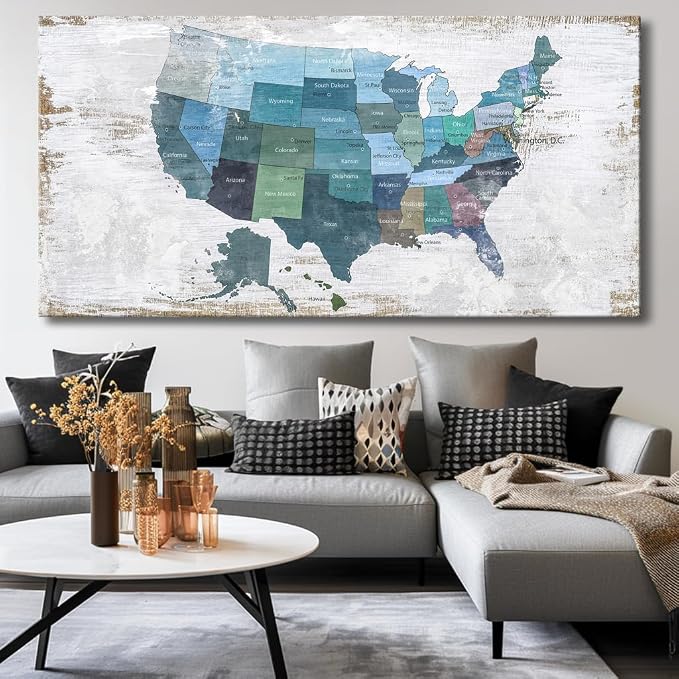 Wall Decor Map Canvas Wall Art for Wall Decoration Wood Background USA Canvas