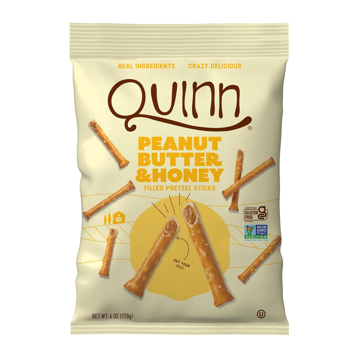 Quinn Snacks Peanut Butter & Honey Filled Pretzel Sticks - Gluten Free Snack, Sweet & Salty, Made with Real Natural Ingredients, Peanuts, Sorghum, & Root Vegetables, Dairy Free - 6 oz (Pack of 1)