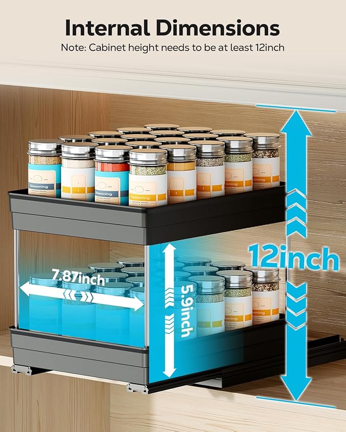Nieifi Spice Organization for Cabinet-Vertical Spice Rack Pull Out-Spice Rack Organizer for Cabinet-8-1/4 inch Wide-Seasoning Kitchen Organizer-8.26" W x 10.6" D x 8.7" H-1 Pack-2 Tier