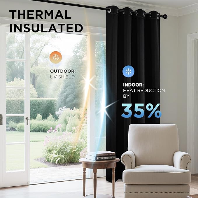 Joydeco Blackout Curtains 54 Inch Length 2 Panels Set, Thermal Insulated Long Curtains& Drapes 2 Burg, Room Darkening Grommet Drapes for Living Room Bedroom Window (W52 x L54 Inch, Black)