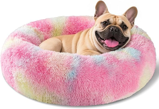 Dog Calming Beds for Small Medium Large Dogs - Round Donut Washable Puppy Dog Bed, Anti-Slip Faux Fur Fluffy Donut Cuddle Anxiety Cat Pet Bed(20'' Color)