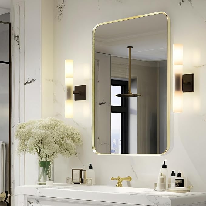 Wall Mount Mirror for Bathroom, Brushed Gold Metal Framed Rounded Corner