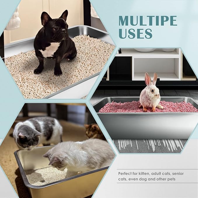 IKITCHEN Stainless Steel Cat Litter Box, Large Metal Litter Box for Cats, Never Absorbs Odors,Stain Free, Rustproof, Non Stick Smooth Surface, Anti-Slip Rubber Bottom, 19.5" L x 13.5" W x 6" H