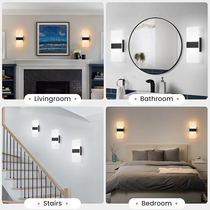 Modern LED Wall Sconces Set of Two, 12 Inch Indoor Dimmable Black Wall Lights