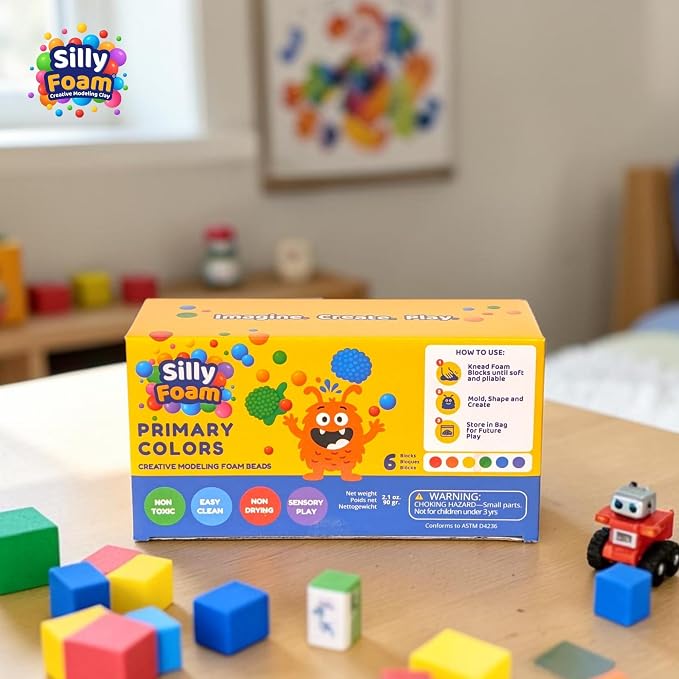 Silly Foam, Creative Modeling Foam Beads, 1-Pack of 6 Primary Colors, Easy Clean Up, Perfect for Preschool and Kids, Arts & Crafts, Sensory Play, STEM, Travel Toy, Holiday Gifts, Non-Toxic (Age 3+)