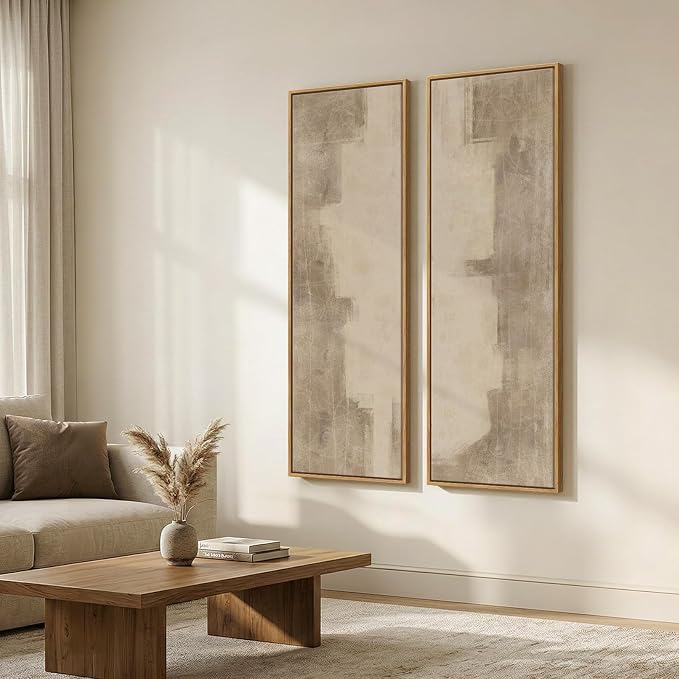 Long Narrow Framed Neutral Abstract Vertical Wall Art Set of 2, Oversized