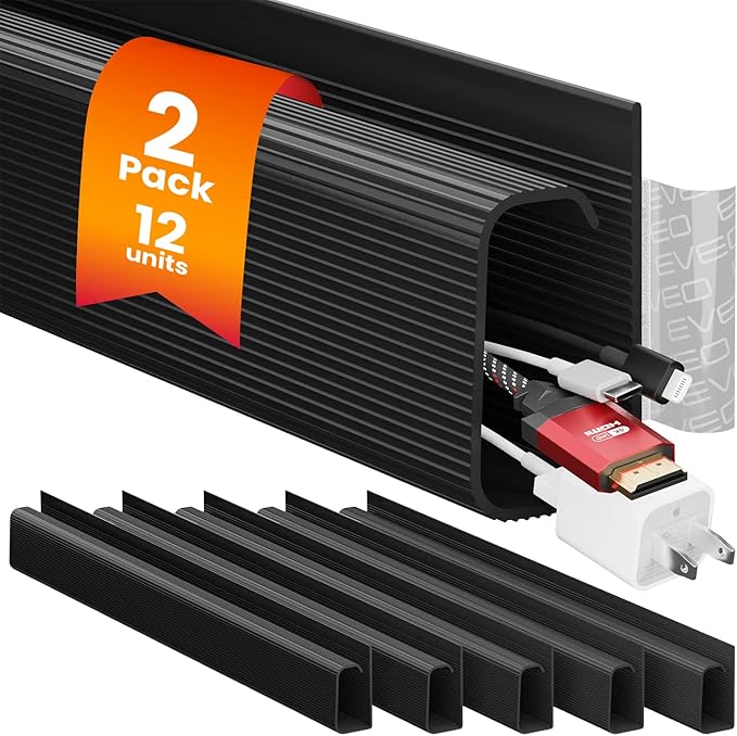 EVEO Cable Management Under Desk Kit (12 Units) - Under Desk Cable Management Cord Hider, Cable Hider Cord Management, Cable Organizer, Cord Organizer Tray - 192'' J Channel (12X16) - Black