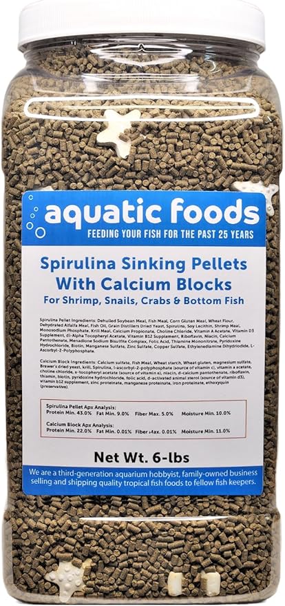 Aquatic Foods Inc. Calcium Blocks Included in These Spirulina Sinking Pellets for Shrimp, Snails, Crabs, Catfish, Plecos for All Tropical Fish 1/16" x 3/8" Pellets by Zeigler…6-lb Lg Jar