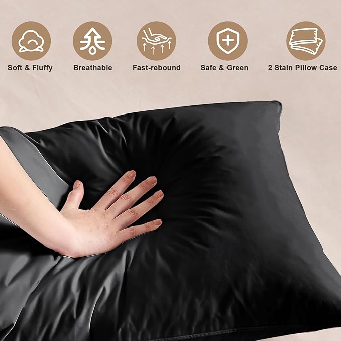 BHZ Satin Goose Down Feather Pillows King Size Set of 2 with Black Satin Pillowcase for Hair and Skin, Cooling Pillow Cases Similar to Silk Pillow Cases, Decorative for Women, Mom Men