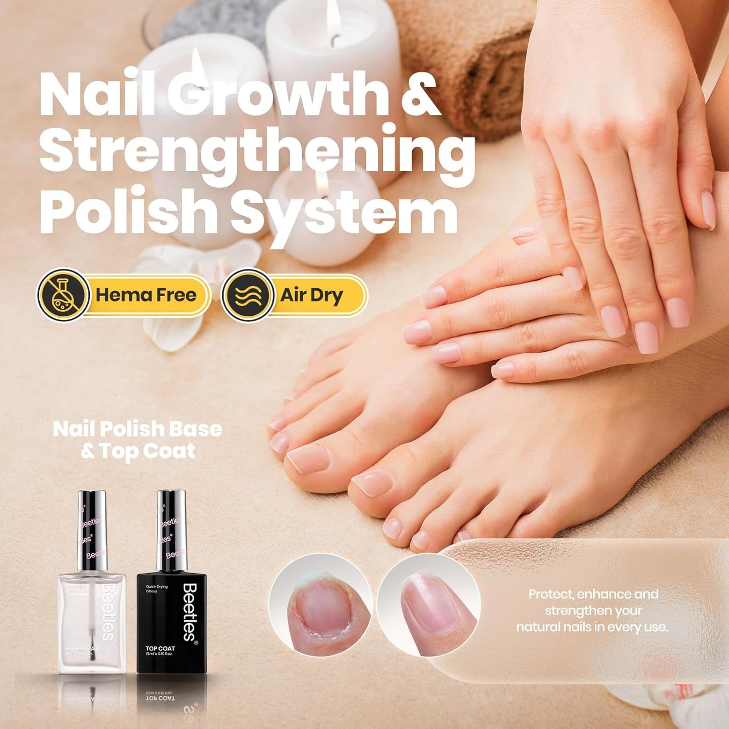 Beetles 2Pcs 15ml Nail Polish Top Coat and Base Coat Set, Fast Drying & Long Lasting Shine Clear Nail Polish, 3 IN 1 Protects Nails, Enhances Glossy and Nourishes Nails