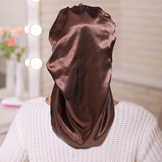 AWAYTR Long Satin Bonnet for Women - Double Layer Elastic Silk Bonnet for Braids Hair Sleeping Cap with Tie Band (Brown)