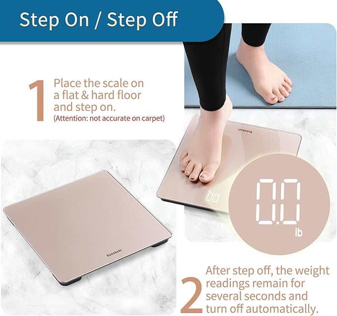 Homebuds Digital Bathroom Scale for Body Weight, High Precision Assured by Weight Scale Professional Factory Since 2001, Bright White LED and Step-On, 3*AAA Batteries Included, 400lb/180kg, Rose Gold