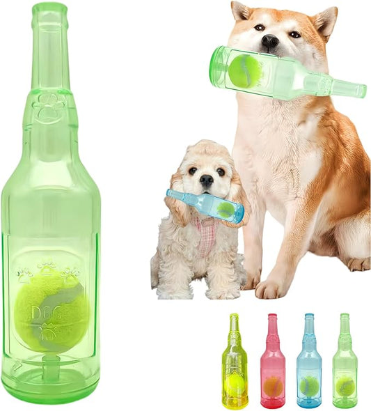 Cute Tough Dog Toy Rubber Bottle Squeaky Dogs Chew Toy Long Lasting Interactive Fetch Toy for Teething Tennis Ball Included (Green, Large)