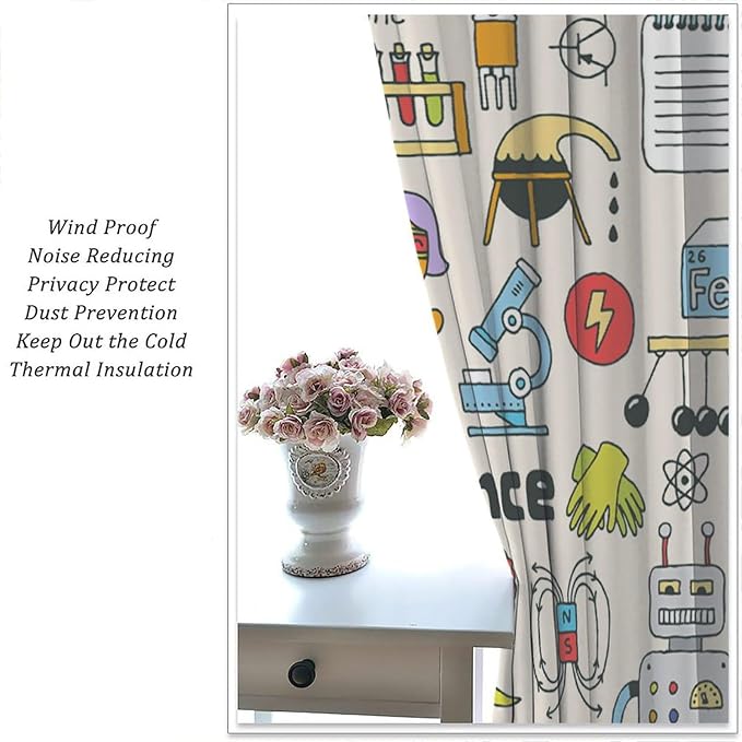 Cartoon Science Bedroom Curtains, Chemistry Science Pharmacy Research Blackout Rod Pocket Window Drapes for Childs Girls Boys Bedroom Living Room Home Set 2 Panels,63x72 Inches