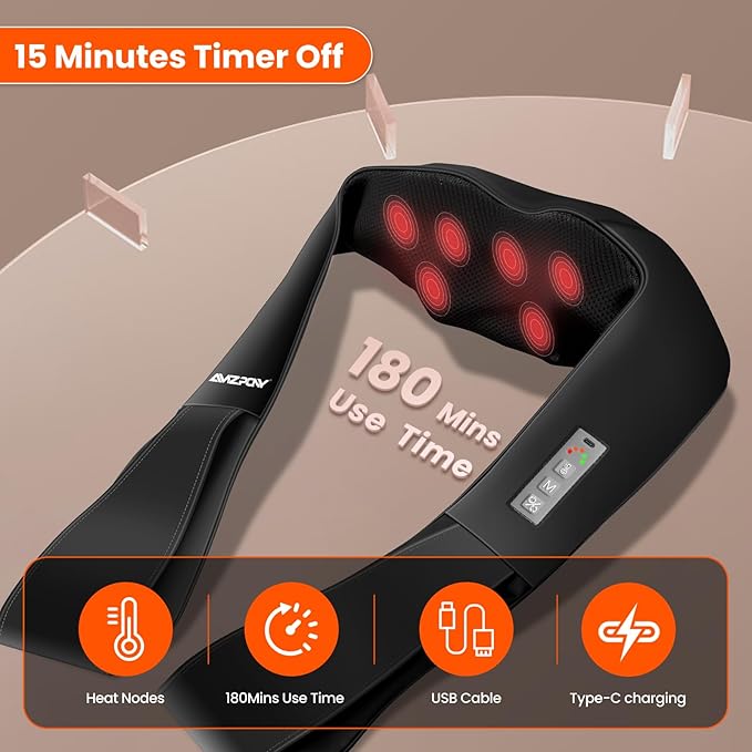 AMZPONY® Cordless Neck Massager for Pain Relief Deep Tissue, Rechargeable Shiatsu Neck and Back Massager with Heat Kneading Shoulder Massage for Body Muscle Pain Relief,Gifts for Dad Mom Friends