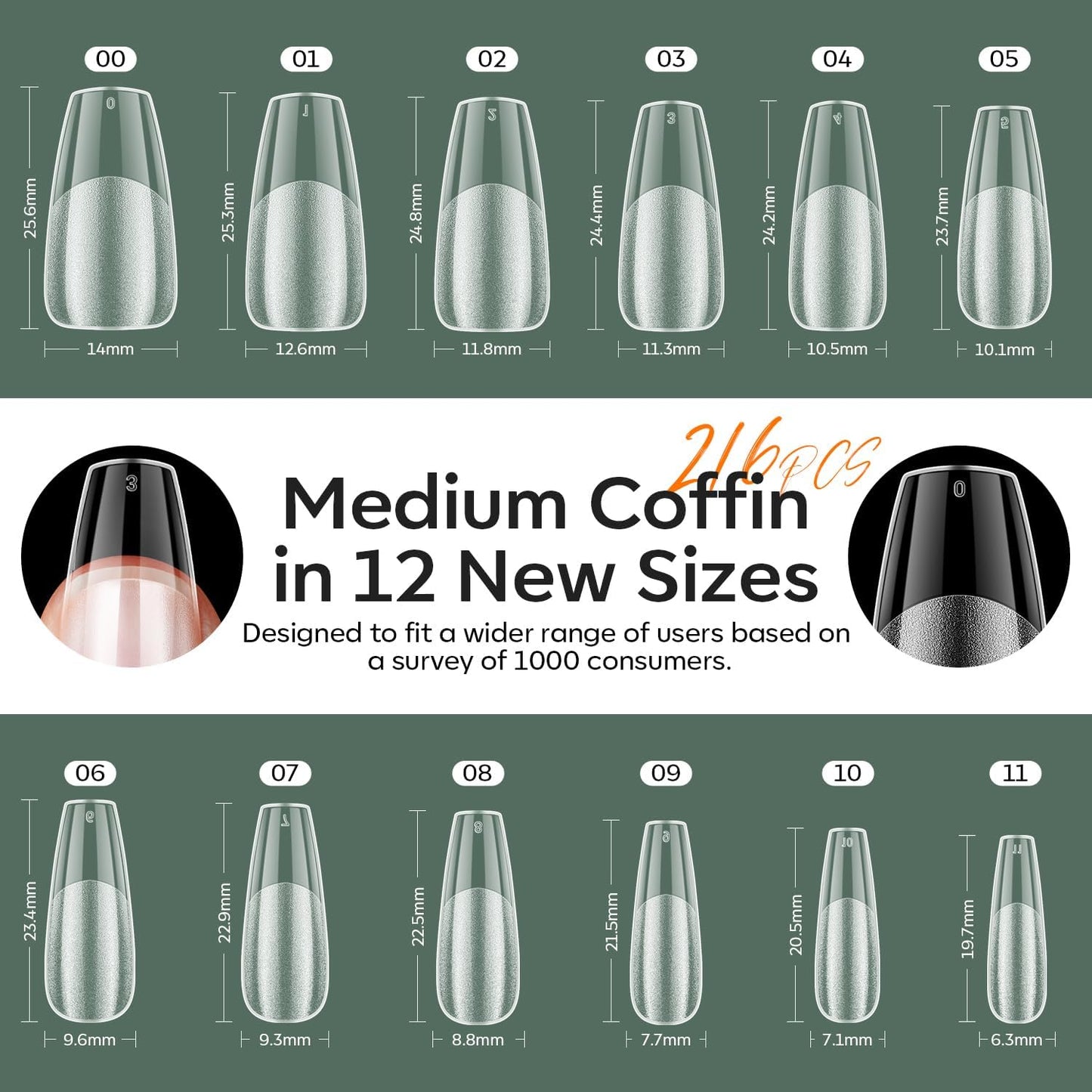 modelones Medium Coffin Gel Nail Tips Kit, 9-in-One Nail Glue with Portable U V Lamp 216Pcs 12Sizes Pre-Etched Press ons Fake Acrylic Extension Kit DIY Salon Gift for Women