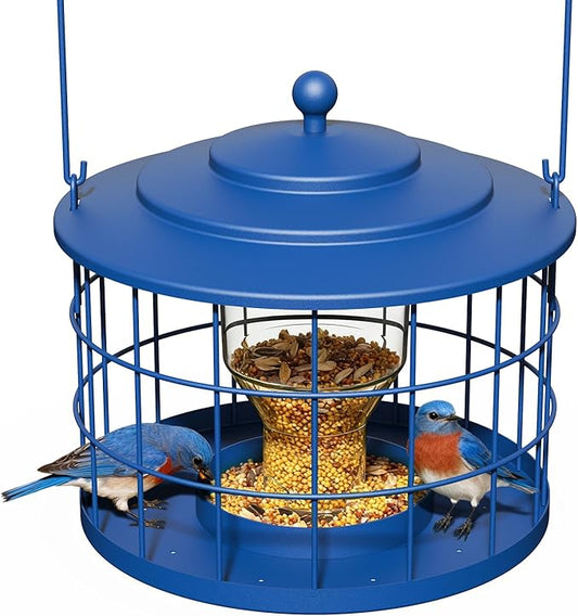 Squirrel Proof Bird Feeder, Metal Cage Bird Feeder for Outdoors Hanging, Starling Resistant Design for Small Birds, Weatherproof with Drain Holes, Easy to Refill, Blue