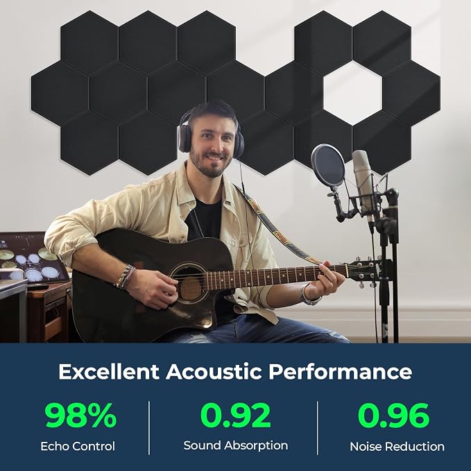 12 Pack Hexagon Acoustic Panels, Self-Adhesive Acoustic Wall Panels
