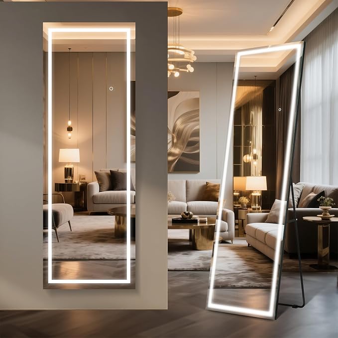 Kosmonia 59x16 Frameless Full Length Mirror, Dimmable 3 Color LED Light