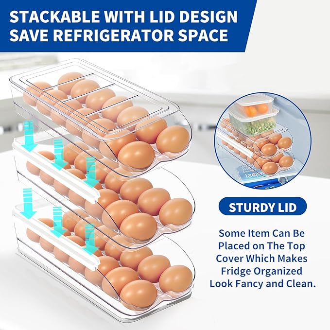 MesRosa Egg Holder for Fridge, Automatic Rolling Egg Organizer for Refrigerator, Clear Plastic Egg Container & Tray, Stackable Dispenser and Storage with Sturdy Lid to Saving Space -1 Layer