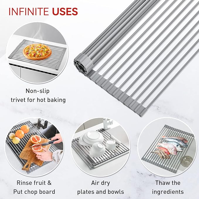 MERRYBOX Roll Up Over The Sink Dish Drying Rack Silicone Wrapped Foldable, Heat-Resistant, Anti-Slip Sink Rack Multipurpose Dish Drainer for Kitchen Sink Counter - Grey, 17.5" x 11"