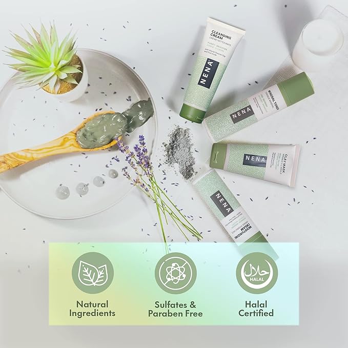 NENA Skincare Natural Skincare Kit - Cleansing Cream Face Wash - Clay Mask for Face - Mineral Hydrating Toner - Moisturizing Cream - Vegan - 4 Pc