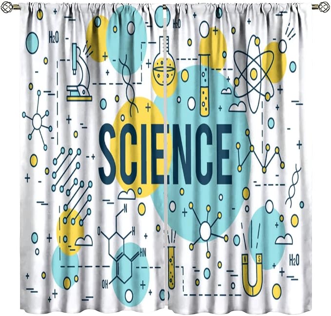 Science Symbols Kids Curtain Sketches Cartoon Chemistry Physics Geometry Education Pattern Print Window Drapes for Bedroom Living Room Kitchen Decor,2 Panel Set,63x72 Inch Blackout