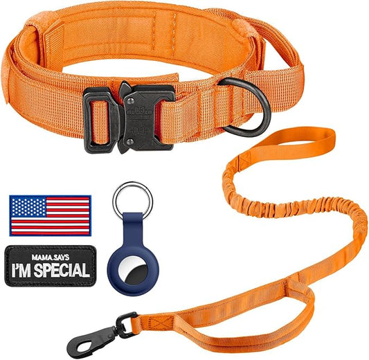 DAGANXI Tactical Dog Collar, Adjustable Military Training Nylon Dog Collar with Control Handle and Heavy Metal Buckle for Medium and Large Dogs, with Patches and Airtags Case (Orange-Set, S)
