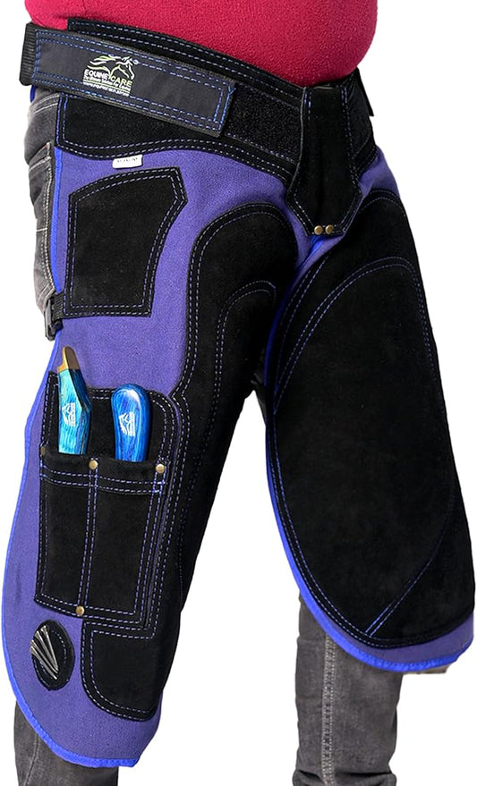 Equine Care Farrier Apron Chaps 2mm Cowhide Leather, 500 GSM Canvas, Air-Mesh, 29" Length, Adjustable Waist (28"-52"), Ergonomic Foam-Padded Thigh & Back Support, 4 Knife Pockets, 2 Nail Magnets.