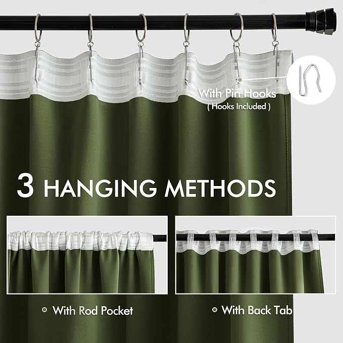 MIULEE Olive Green Back Tab Blackout Curtains 108 Inch Long 2 Panels Set