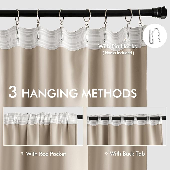 MIULEE Taupe Back Tab Blackout Curtains 120 Inch Long 2 Panels Set