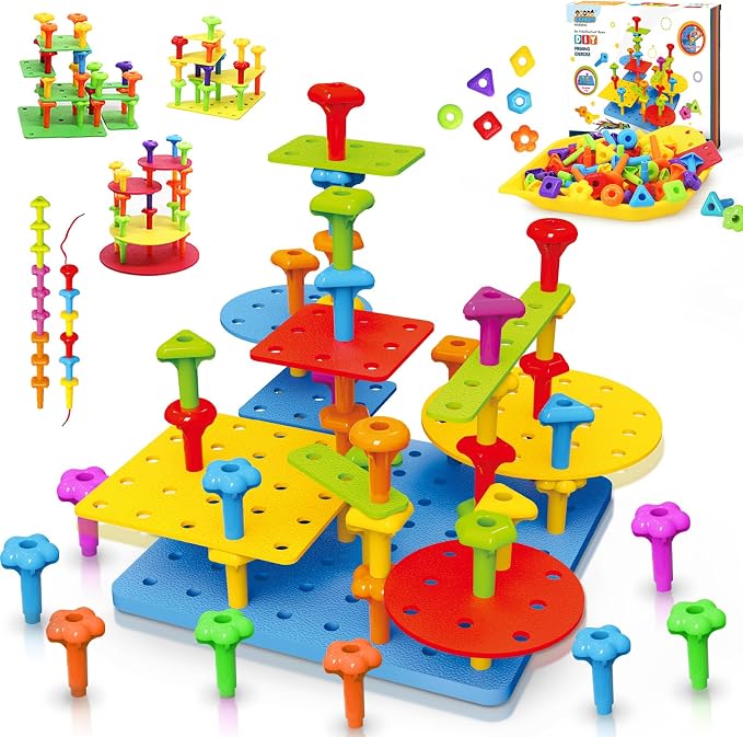 Peg Board Toy set 73Pcs DIY Building Stacking Toys for Kids 3-6 Years Old,STEM Educational Kids Toy for Brain Development,Montessori Sensory Toys,Upgrade Various Foam Board Plastic Lacing String Game