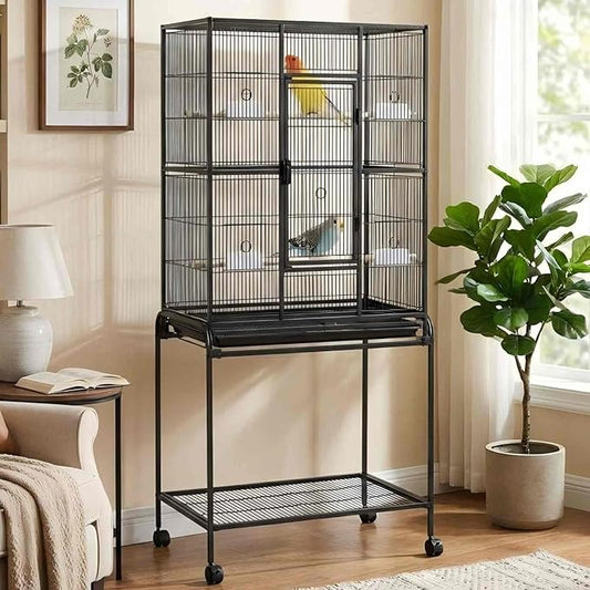 GarveeHome 62.6" H Large Bird Cage, Bird Cage with Rolling Storage Stands, Feed Bowls, Wide Tall Parrot Cage for Parakeets, Conures, Cockatiel, Cockatoo