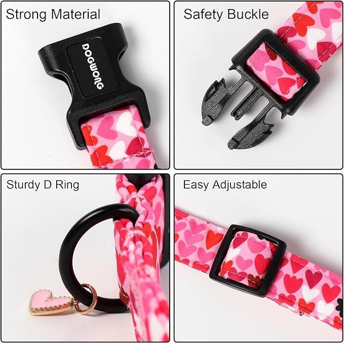 DOGWONG Valentine Dog Collar, Pink Heart Dog Collar, Girl Female Dog Collars with Strong Plastic Buckle for Small Medium Dogs,M