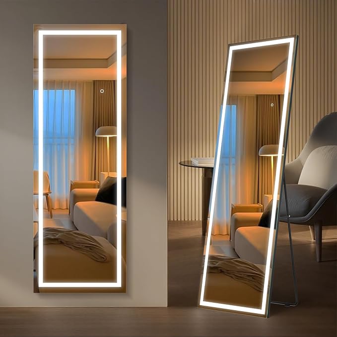 Kosmonia 59x16 Frameless Full Length Mirror, Dimmable 3 Color LED Light