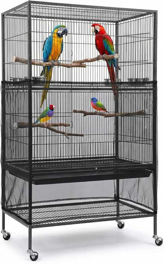 Large Bird Cage Cover Bird Cage Seed Catcher 118 x 31 Inches Adjustable Elastic Band Mesh Birdcage Cover Net Skirt for Parrot Parakeet Macaw African Cages (Black)