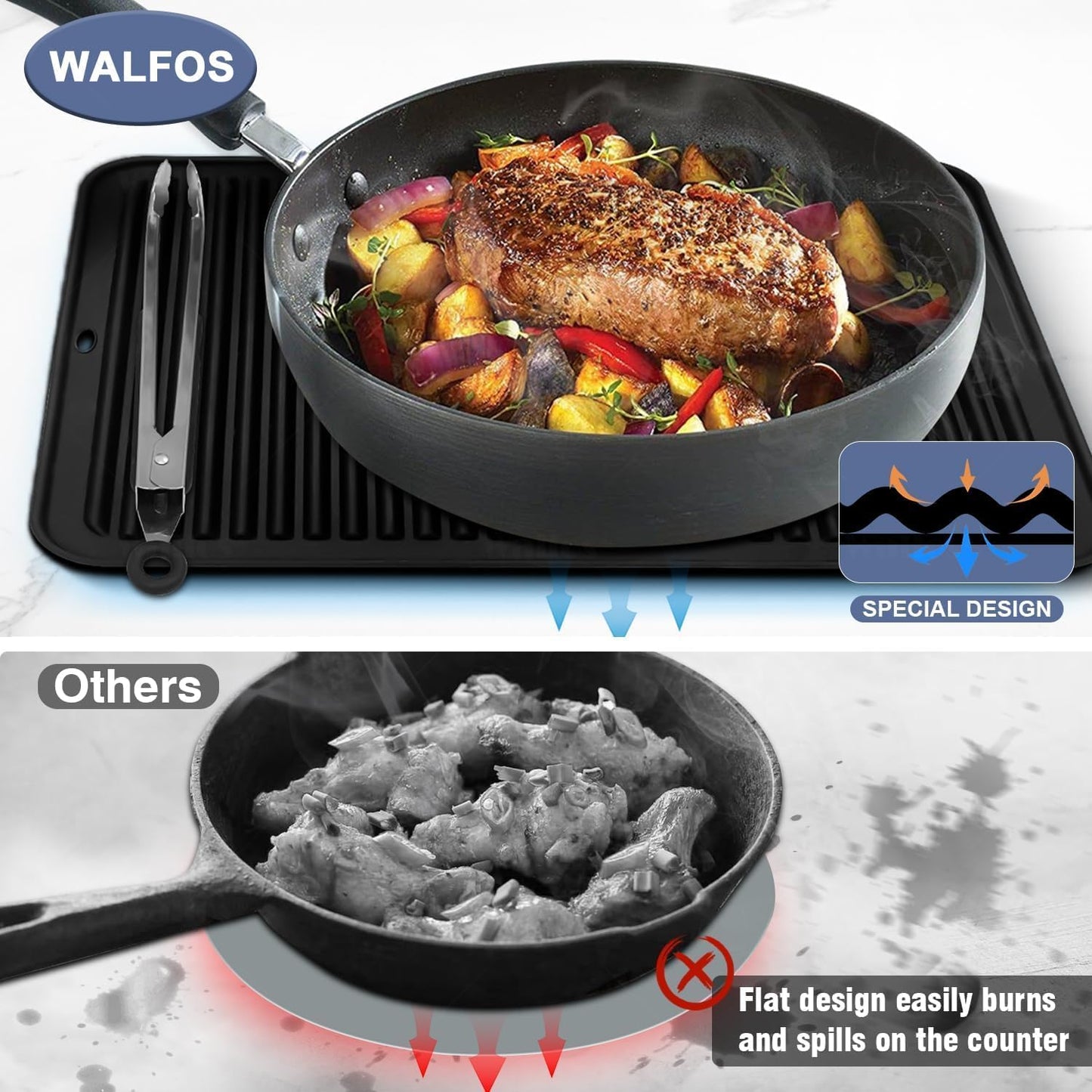 Walfos XXL Silicone Trivet 16 Inch and Trivets Mats 12 Inch, Trivets for Hot Pots and Pans, Heat Resistant Pot Holders Hot Pads for Kitchen Quartz Countertops, Hot Dishes, 5 Pack