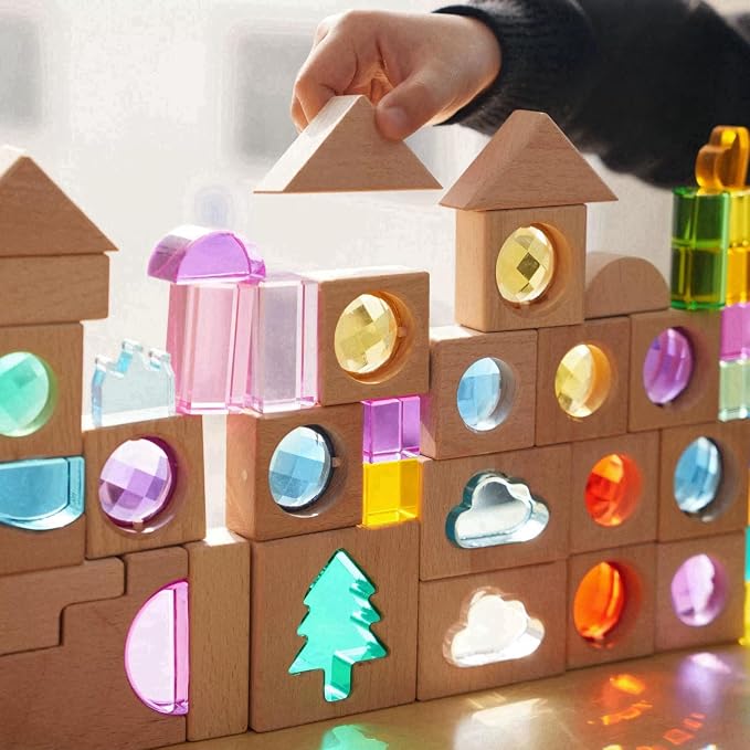 45PCS Wooden Acrylic Building Blocks Set with Tray, Include Colorful Acrylic Shapes Stars,Sun,Clouds, Trees, Heart, Educational Construction Toy for Kids (Farm House)