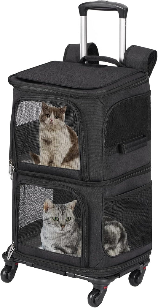 Double Pet Carrier Backpack with Wheels for Small Cats and Dogs, Rolling Cat Travel Carrier, Super Ventilated Design, Ideal for Traveling/Hiking/Camping, Black