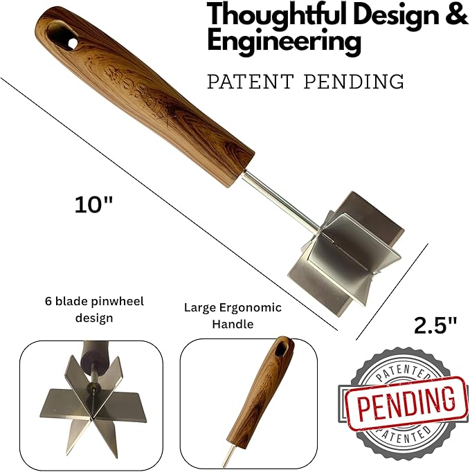 Large Stainless Steel Meat Chopper & Masher | Dishwasher Safe | 6-Blade Ground Beef Chopper Tool | Hamburger Smasher | Oversized Ergonomic Handle | Heat Resistant Grip - 10" (Walnut Wood Veneer 10")