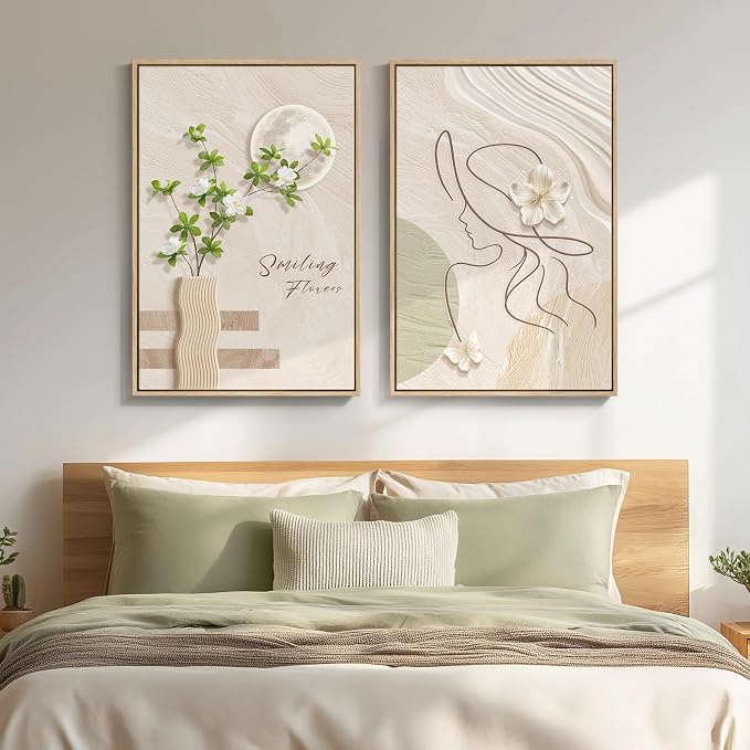 Framed Neutral Boho Wall Art for Bedroom, Mid Century Modern Bohemian Canvas