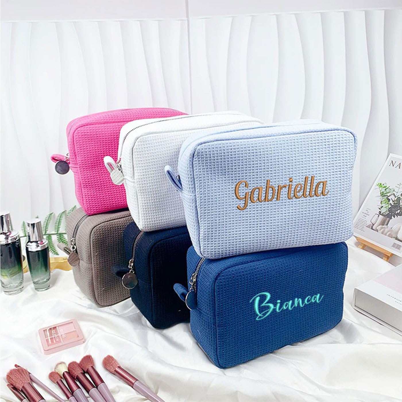 Personalized Embroidered Makeup Bag,Custom Waffle Fabric Cosmetic Pouch for Women, Travel Makeup Pouch (6, Gray)
