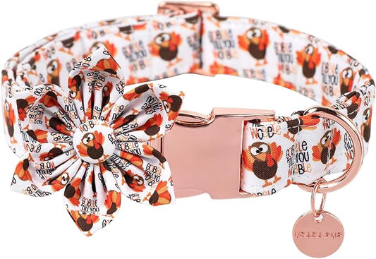 Thanksgiving Dog Collar with Flower, Turkey Cotton Flower Collar for Puppy Girl Dog or Cat, Autumn Flower Collar with Durable Metal Buckle, Thanksgiving Pet Collar, XS, Neck 8-12in