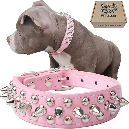 TEEMERRYCA Adjustable Leather Spiked Studded Dog Collars with a Squeak Ball Gift for Small Medium Large Pets Like Cats/Pit Bull/Bulldog/Pugs/Husky, Pink, L(15"-18.5")