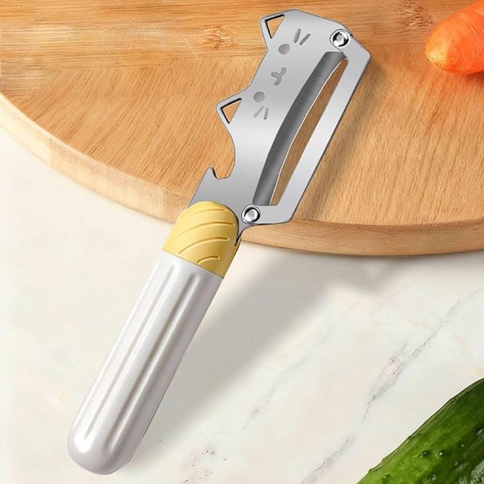 Multifunctional Vegetable Peeler, 2 in 1 Stainless Steel Peeler, Ultra-Sharp Stainless Steel Blade with Wooden Handle and Bottle Opener for Vegetables or Fruits, Kitchen Tool (Cute)